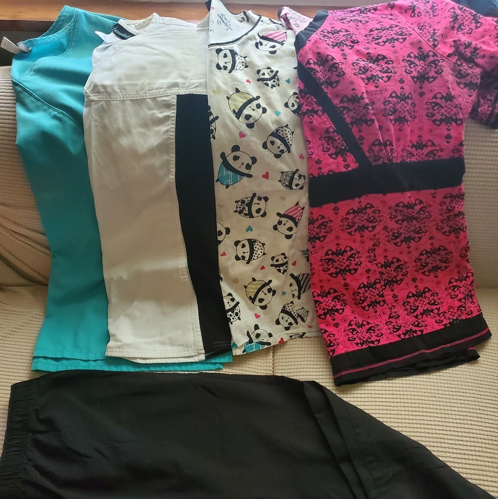 4 scrub tops with complementary scrub pants